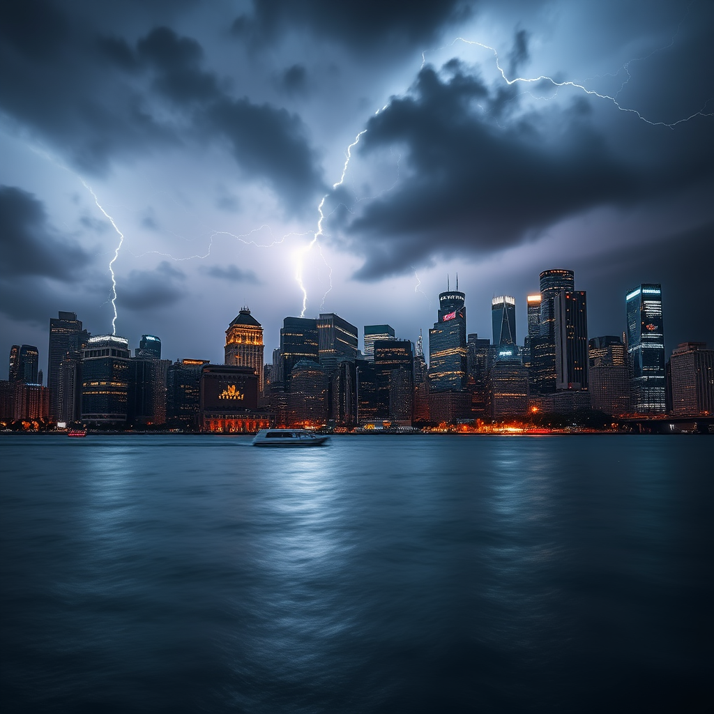 Generate a high-resolution image of a stormy cityscape at night with dramatic lightning illuminating the skyline, using a DSLR camera with a 24mm lens, aperture f/2.8, ISO 100, and a long exposure of 15 seconds, capturing a dynamic view from a low angle to emphasize the dramatic lighting and the reflection on the water.