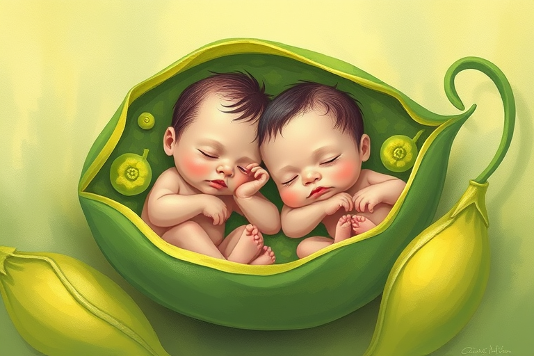 Create an illustration of two sleeping babies nestled in green pea pod-like shapes with a whimsical style, using a digital painting technique, high resolution 300 DPI, with a soft focus effect and bright, vivid colors to enhance the visual appeal.