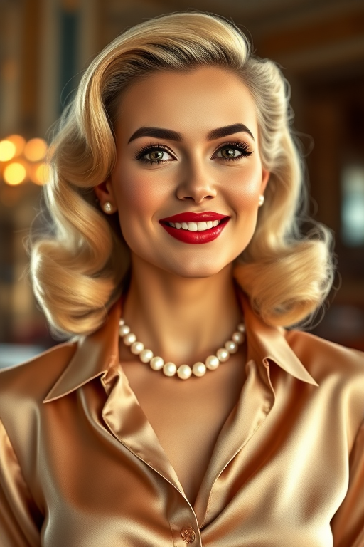 A beautiful Hispanic woman reminiscent of 1950s Hollywood glamour, with perfectly styled blonde hair and a seductive smile, dressed in a satin blouse and adorned with pearls, soft and warm tones, photorealistic, 8K