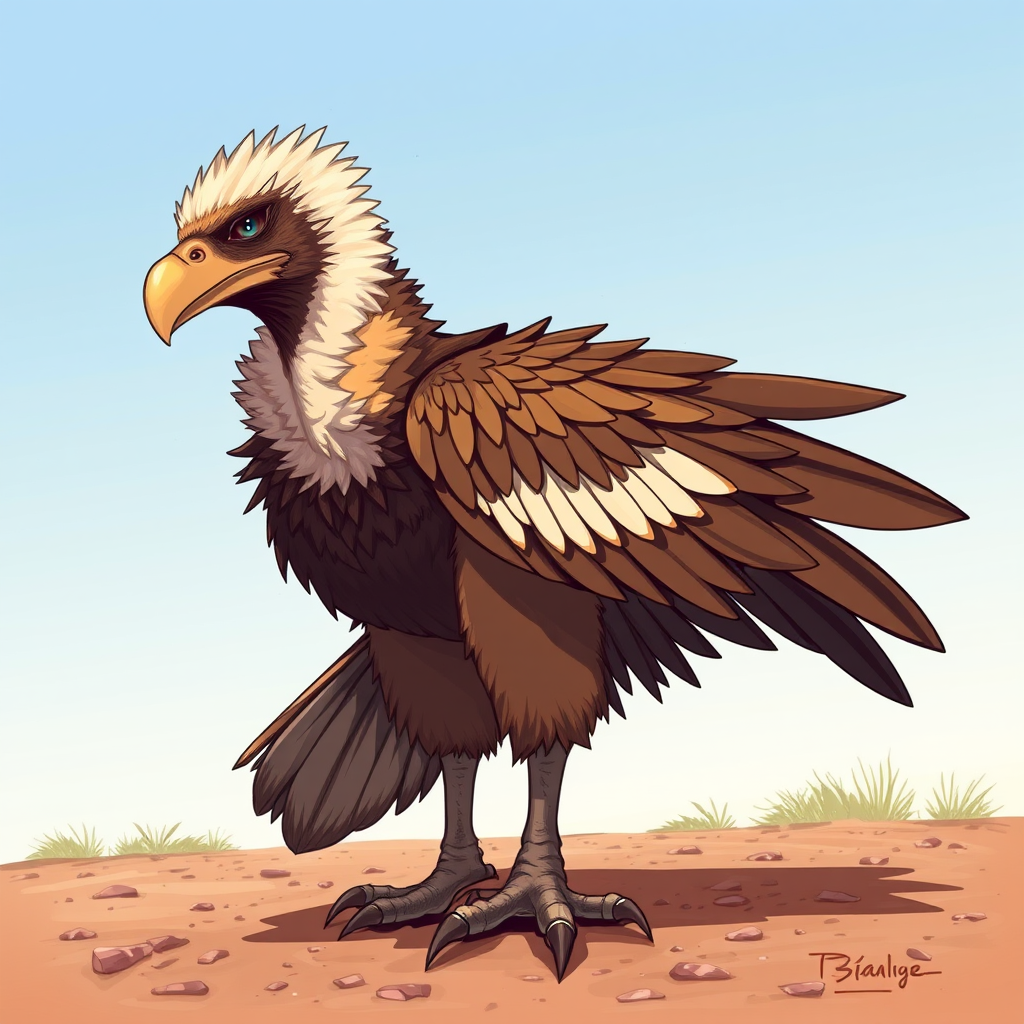 create a detailed illustration of a large, stylized bird-like creature with a vulture's head and feathers in a mix of browns and creams, imagine it in a dynamic pose with one wing slightly raised and sharp talons, captured from a low angle using a DSLR camera with a 50mm lens, aperture set to f/2.8 for a shallow depth of field, high saturation and contrast to enhance colors, shooting in natural light for a vibrant effect.