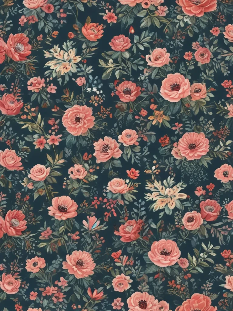 Vibrant Floral Pattern Featuring Diverse Blooms on a Dark Background
