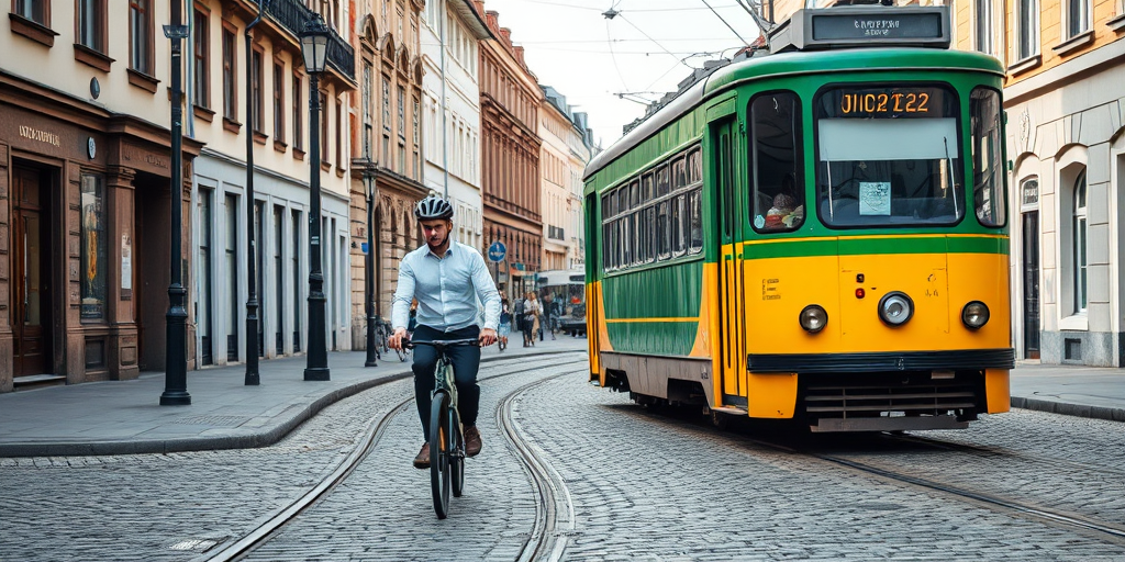 regenerate the image of a green and yellow tram on a cobblestone street with a cyclist in the foreground, use a DSLR camera with a 24mm lens, aperture set to f/8, ISO 400, natural lighting, shot from a slightly elevated angle for a dynamic perspective.