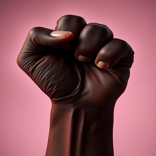 A high-resolution image of a raised black fist with a small heart in the center, shot with a DSLR camera at f/2.8 aperture, ISO 100, 50mm lens, in a vibrant studio lighting setup to enhance colors and contrast.