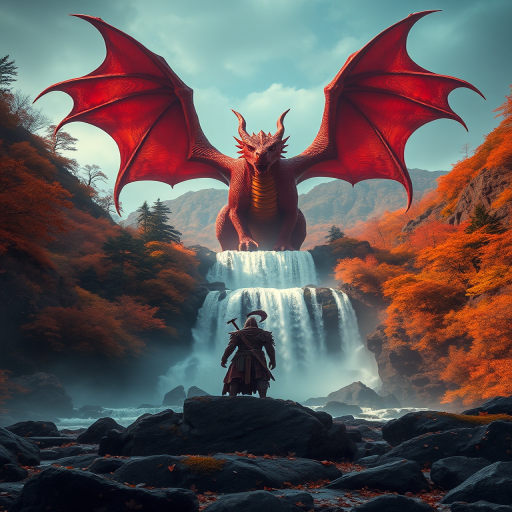 Create a highly detailed fantasy scene of a warrior standing in front of a majestic red dragon above a waterfall surrounded by autumn foliage in a mystical landscape, shot with a Canon EOS R5, 24mm lens, f/2.8 aperture, ISO 100, shot from a low-angle view to capture dramatic lighting and depth.