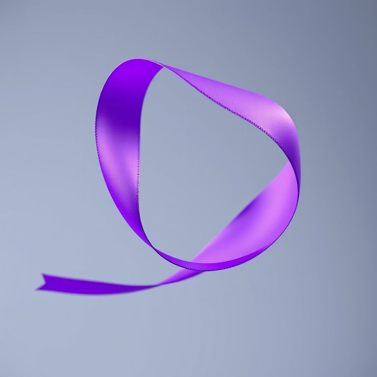 photograph of a twisted purple ribbon floating in the air, taken with a Canon EOS R5, 50mm lens, aperture f/1.8, shutter speed 1/200s, ISO 100, soft focus background for depth, high-resolution, studio lighting