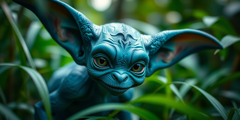 Create a highly detailed close-up image of a fictional creature resembling a blue goblin with large ears, in a lush green jungle setting, using a Canon EOS R5 camera, 50mm f/1.2 lens, aperture set to f/2.8, ISO 200, and a shallow depth of field to enhance the subject against a blurred background.