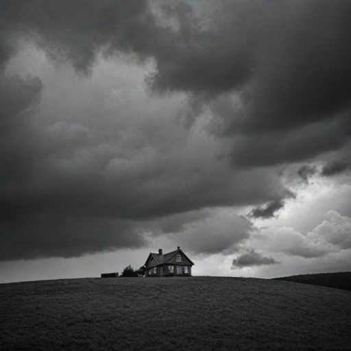 a solitary house on a hill under a moody, overcast sky with dramatic clouds, in monochrome tones