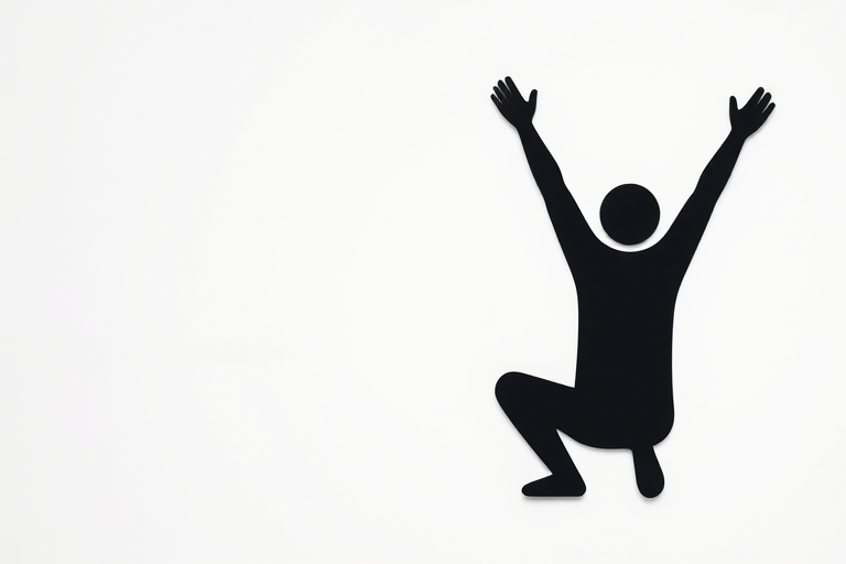 Create a minimalist black icon featuring a seated figure squatting and a standing figure with raised arms on a white background, shot with a Canon EOS 5D Mark IV at f/8, 1/250s, ISO 200 in a flat lay style, high resolution for clarity.