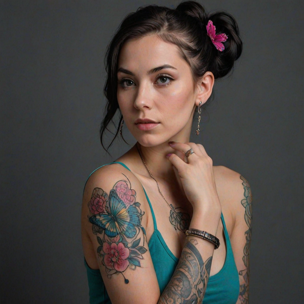 A portrait of a young woman with long dark hair tied up in a bun, with pink streaks, and intricate shaved designs. She is wearing a teal tank top and has a large butterfly tattoo across her chest and multiple colorful floral tattoos on her arms. The woman is looking off to the side, slightly tilted, her right arm is crossed over her chest, and her left hand is resting on her upper arm. The lighting is soft and warm, highlighting the details of the tattoos. The background is a simple, dark gray, providing a neutral backdrop for the subject. The photo has a natural, relaxed feel and a slightly artistic, moody atmosphere.  She is wearing several silver rings and bracelets on her arms, and a pair of long silver dangle earrings with red accents.  Her face is slightly shadowed, giving a soft and alluring feel.  The composition is centered on the woman, who is positioned against a dark background, the emphasis is on her tattoos and the subtle expression on her face.