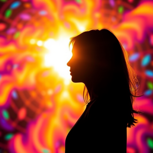 Create a side profile silhouette of a person against an abstract digital background with vibrant colors, using a DSLR camera with a 50mm f/1.8 lens, aperture set to f/2.8, ISO 200, and a shallow depth of field to enhance the subject, capturing the scene in soft golden hour lighting for a warm glow.