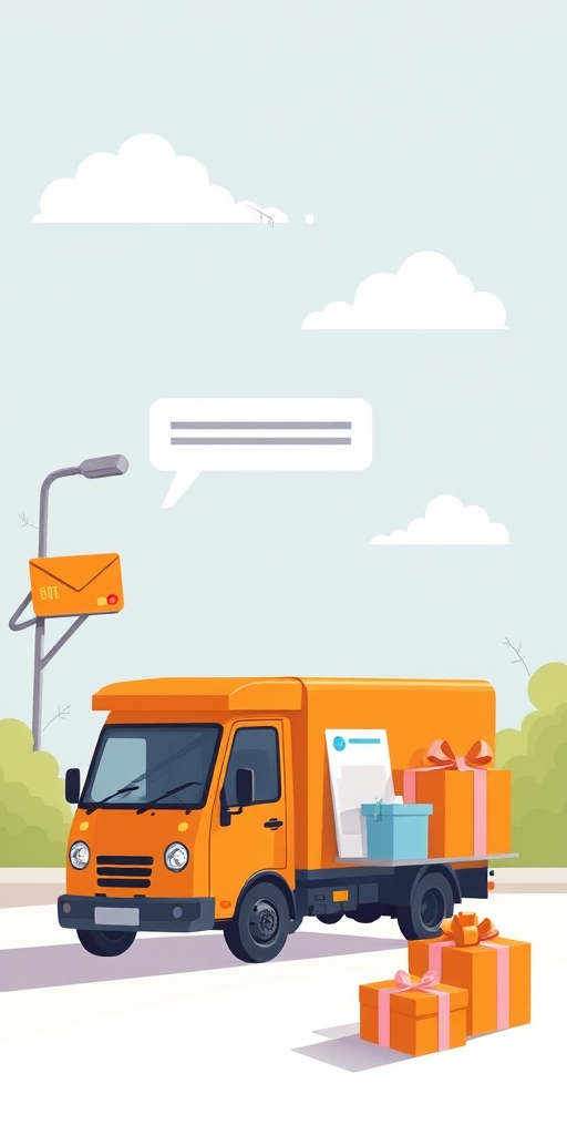 Create a high-resolution digital illustration featuring an orange delivery truck, a credit card, an envelope, a gift box, and an SMS notification; use a 50mm lens, f/2.8 aperture, 1/250 shutter speed, and soft natural lighting for a clean, modern look.