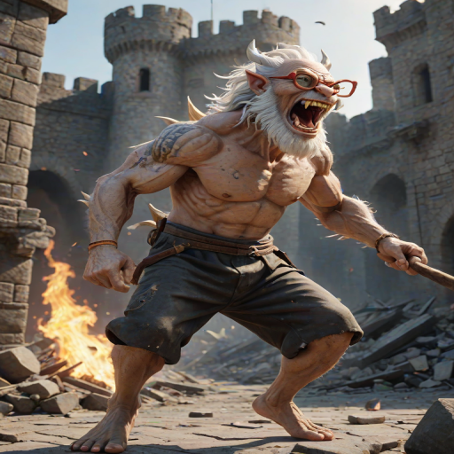 Cartoon 3D High-Resolution,dynamic battle scene using Unreal Engine 5 and Octane Render. The scene features back of an elderly, thai man with a beard,messy hair and round golden-rimmed glasses. He is wearing a tattered tank top with soot marks, shorts, and sandals. sweating. he wields a baseball bat. He jump to fight with a white fire-breathing Europe dragon amidst a partially destroyed stone castle. Include intense flames, smoke, and debris to enhance the dramatic effect.