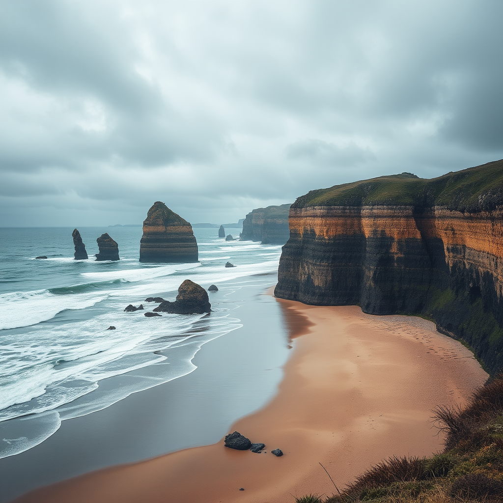 Capture a dramatic coastal landscape featuring towering rock formations along a sandy beach, with turbulent waves crashing against the shore under a moody sky, using a DSLR camera at f/8, ISO 100, shutter speed 1/250 sec, shot from a high vantage point with a wide-angle lens for increased detail and depth.