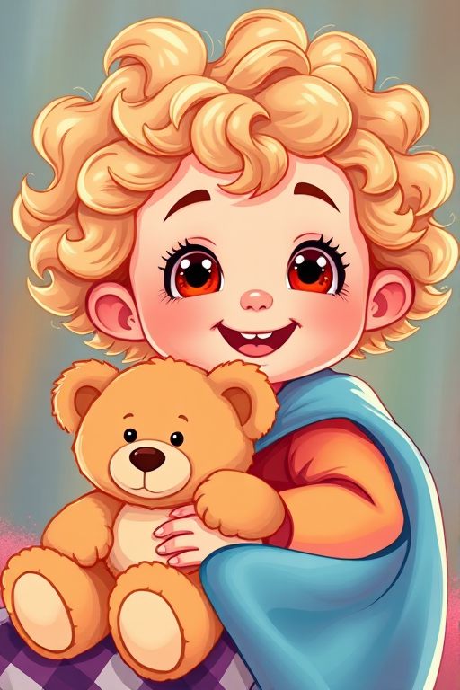 Create a cartoon image of a child with curly hair holding a teddy bear and a blanket, bright colors and playful style, use a DSLR camera with a 50mm lens, aperture f/2.8, ISO 100, focus on the child, vibrant and high contrast.