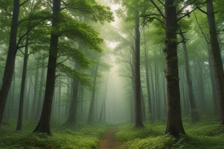 Enchanting Forest Pathway Surrounded by Lush Green Trees and Misty ...