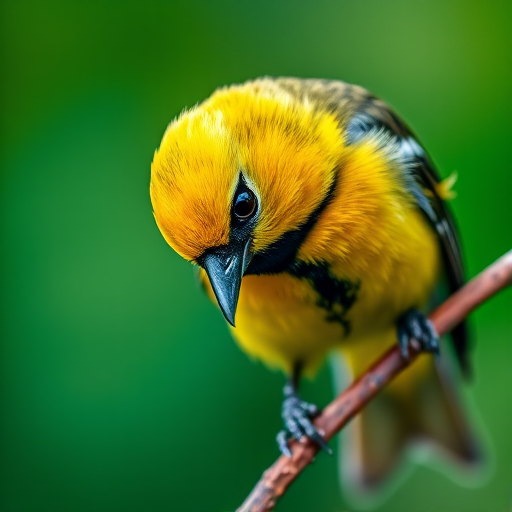 Close-up of a vibrant yellow and black bird perched on a branch with a soft blurred green background, captured with a DSLR camera at f/2.8, ISO 200, shutter speed 1/500s, using a 100mm macro lens in natural light.