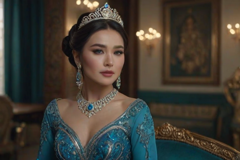 A gorgeous Uyghur woman in a luxurious blue gown, accessorized with a dazzling tiara and statement earrings, her deep green eyes highlighted by impeccable makeup, poised in a royal setting, photorealistic, 8K quality