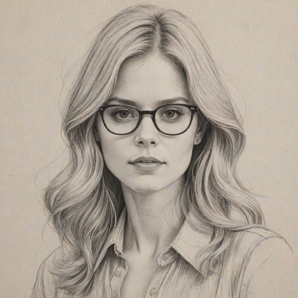 Delightful Erin Moriarty, pencil sketch, portrait of Sublime woman 1977s in glasses, hair style beatnik, outline, clear lines, fine lines, 8k