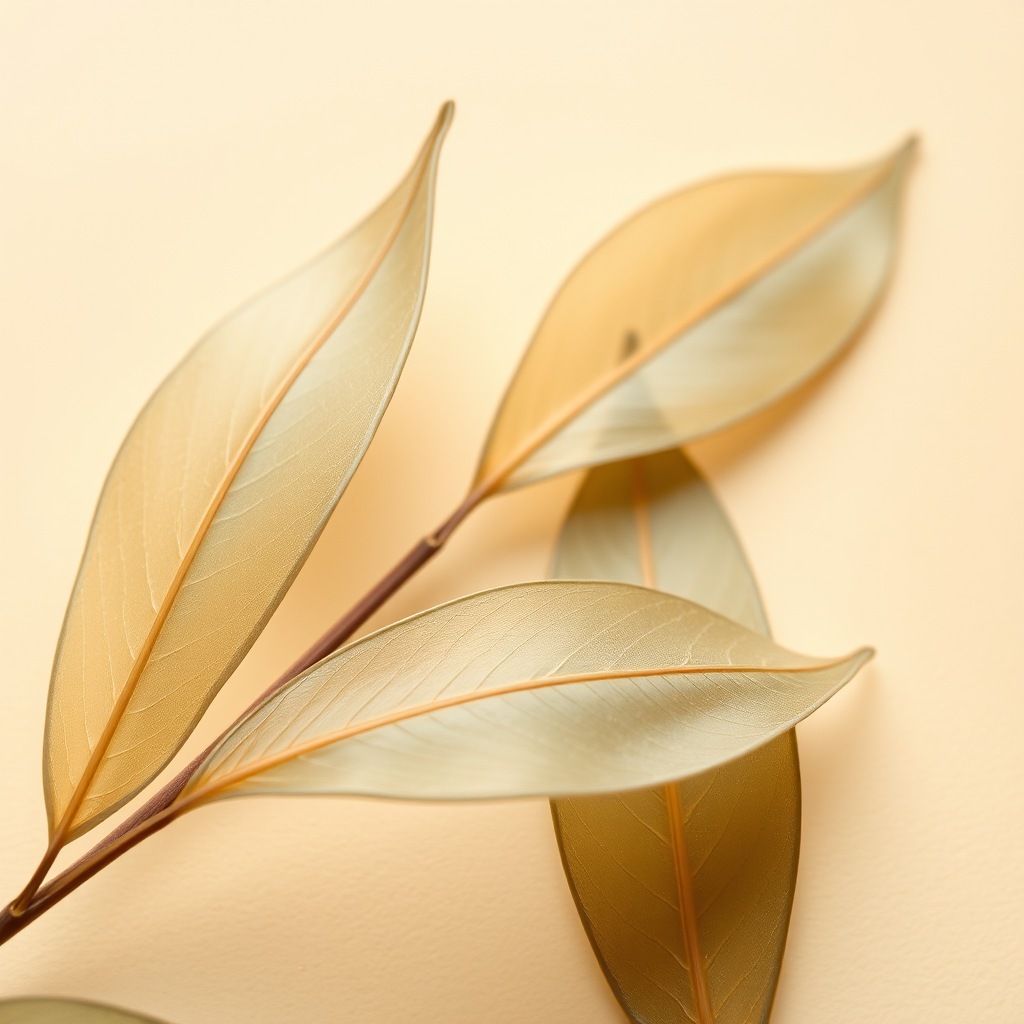 Macro photography of transparent leaves on a smooth beige background, f/2.8 aperture, 1/200s shutter speed, ISO 100, capturing fine details and textures with a DSLR camera.