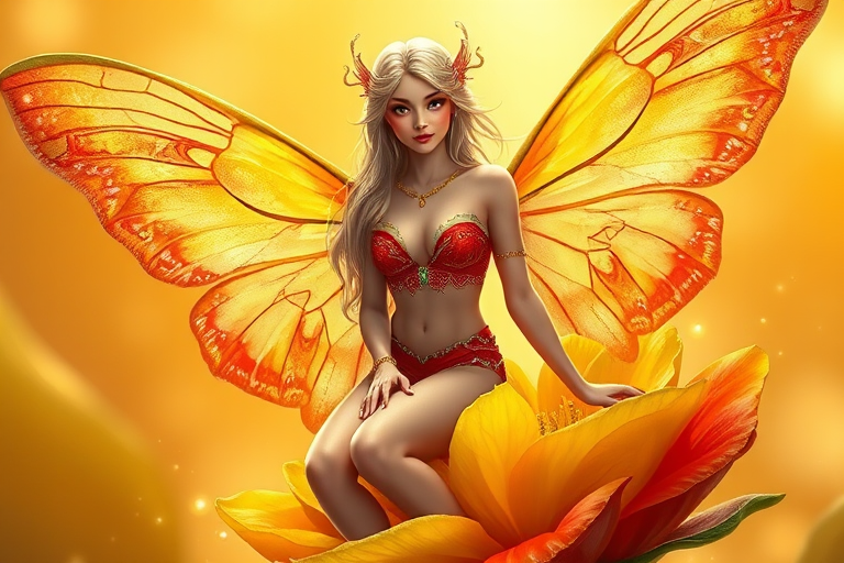A digital artwork features a winged fairy with delicate Salmon butterfly wings, adorned with intricate Juniper andFern patterns. She is seated on a vibrant Lime flower, wearing a revealing red two-piece outfit with sparkling beadwork. Her fair skin, long blonde hair, and gold jewelry add to her ethereal appearance. The background is a warm, golden gradient, creating a magical atmosphere. Small glowing orbs and sparkles surround the flower, enhancing the enchanting, highly detailed, and realistic scene.