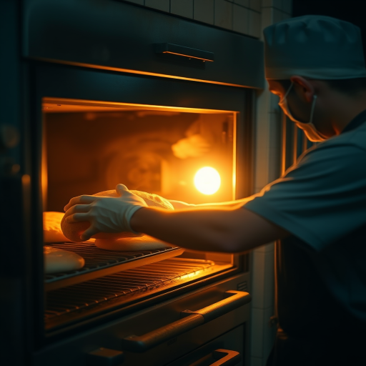 Warmly lit image of a baker pulling freshly baked bread from an oven, soft glow from the flames casting warm shadows, the smell of yeast and warm dough filling the kitchen.
