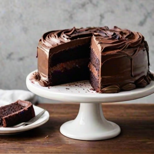 Create an image of a rich chocolate cake on a white cake stand. The cake should have a glossy chocolate frosting and a slice cut out to reveal layers of dark chocolate cake and a creamy white filling in between the layers. The background should be a simple marble texture to enhance the cake's appearance.