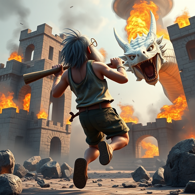 Cartoon 3D High-Resolution,dynamic battle scene using Unreal Engine 5 and Octane Render. The scene features back of an elderly, thai man with a beard,messy hair and round golden-rimmed glasses. He is wearing a tattered tank top with soot marks, shorts, and sandals. sweating. he wields a baseball bat. He jump to fight with a white fire-breathing Europe dragon amidst a partially destroyed stone castle. Include intense flames, smoke, and debris to enhance the dramatic effect.