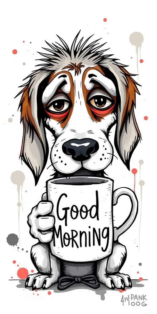 A quirky, artistic illustration of a disheveled bagle hound dog breed with exaggerated, large eyes and spiky fur, holding a coffee mug that reads "Good Morning". The dog has a tired but humorous expression, with ink splatters and abstract details surrounding it, giving a whimsical feel to the image. The color palette is mostly monochrome with hints of red in the eyes and steam rising from the mug, enhancing the overall sleepy vibe
