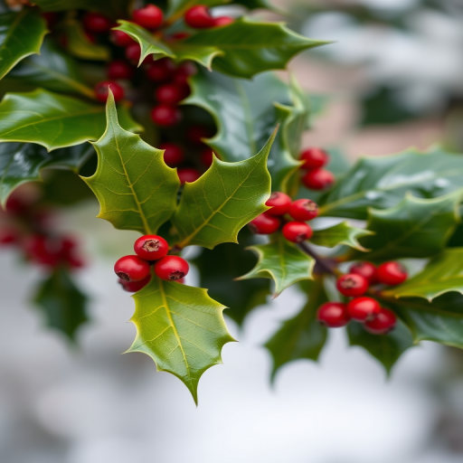 Generate a high-resolution image of a holly plant with bright green leaves and red berries, using a macro lens at f/2.8, 1/200s exposure, ISO 100, with soft lighting and a blurred background for depth.