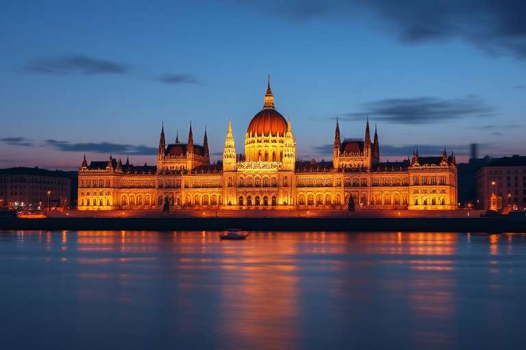 Capture the illuminated Hungarian Parliament Building at dusk with a wide-angle lens, f/8 aperture, ISO 100, 15 seconds exposure, tripod-mounted, taken from across the Danube River to enhance the reflection in the water.