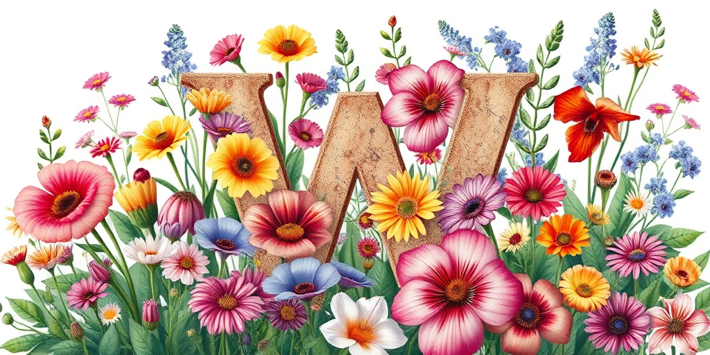 Generate a vibrant and detailed illustration of the letter W surrounded by a variety of colorful flowers and greenery, shot with a Canon EOS R6, 50mm lens, f/8 aperture, ISO 200, and soft natural lighting for enhanced clarity and color richness.