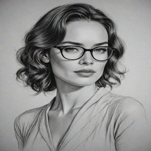 Stunning Lena Headey, pencil sketch, portrait of Alluring woman 1935s in glasses, hair style beatnik, outline, clear lines, fine lines, 8k