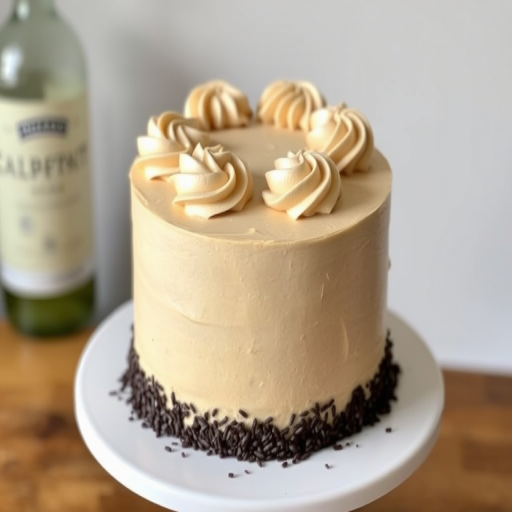 A round cake with a smooth beige frosting decorated with swirls on top and chocolate sprinkles around the base, placed on a white cake stand with a blurred bottle in the background.