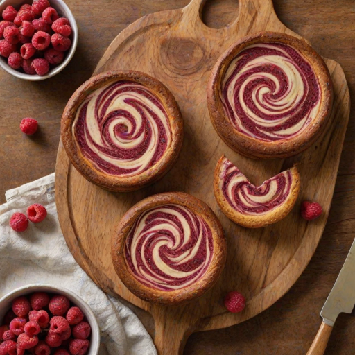 Create an image of three round, golden-brown cakes with a smooth surface, featuring a marbled raspberry swirl pattern. The cakes should be placed on a wooden cutting board, with a rustic background that includes a soft cloth. The scene should evoke a warm, inviting atmosphere, highlighting the deliciousness of the baked goods.