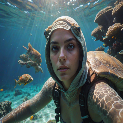 Realistic selfie image of a Zulu, wearing a vintage outfit, detailed dreamy eyes, droopy hooded eyes, staring at the camera, taken underwater at coral reef with a sunbeam filtering through the water, vibrant, summer vacation, natural lighting, turtle and school of tropical fish with vibrant colors, rendered in the style of CryEngine, Pegi Nicol MacLeod, with realistic genre scenes, hauntingly beautiful narratives, ultra-realism, and Thomas Saliot's close-up technique, 8K resolution, crystal clear and sparkling water.