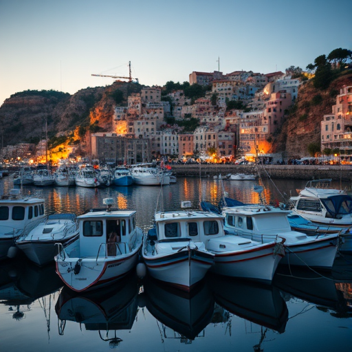 Capture a scenic coastal harbor at dusk with fishing boats docked, soft lighting reflecting on the water, cliffside buildings in the background, using a DSLR camera, 35mm lens, aperture f/4, ISO 400, shutter speed 1/60s, focus on the foreground boats and soft bokeh for background.