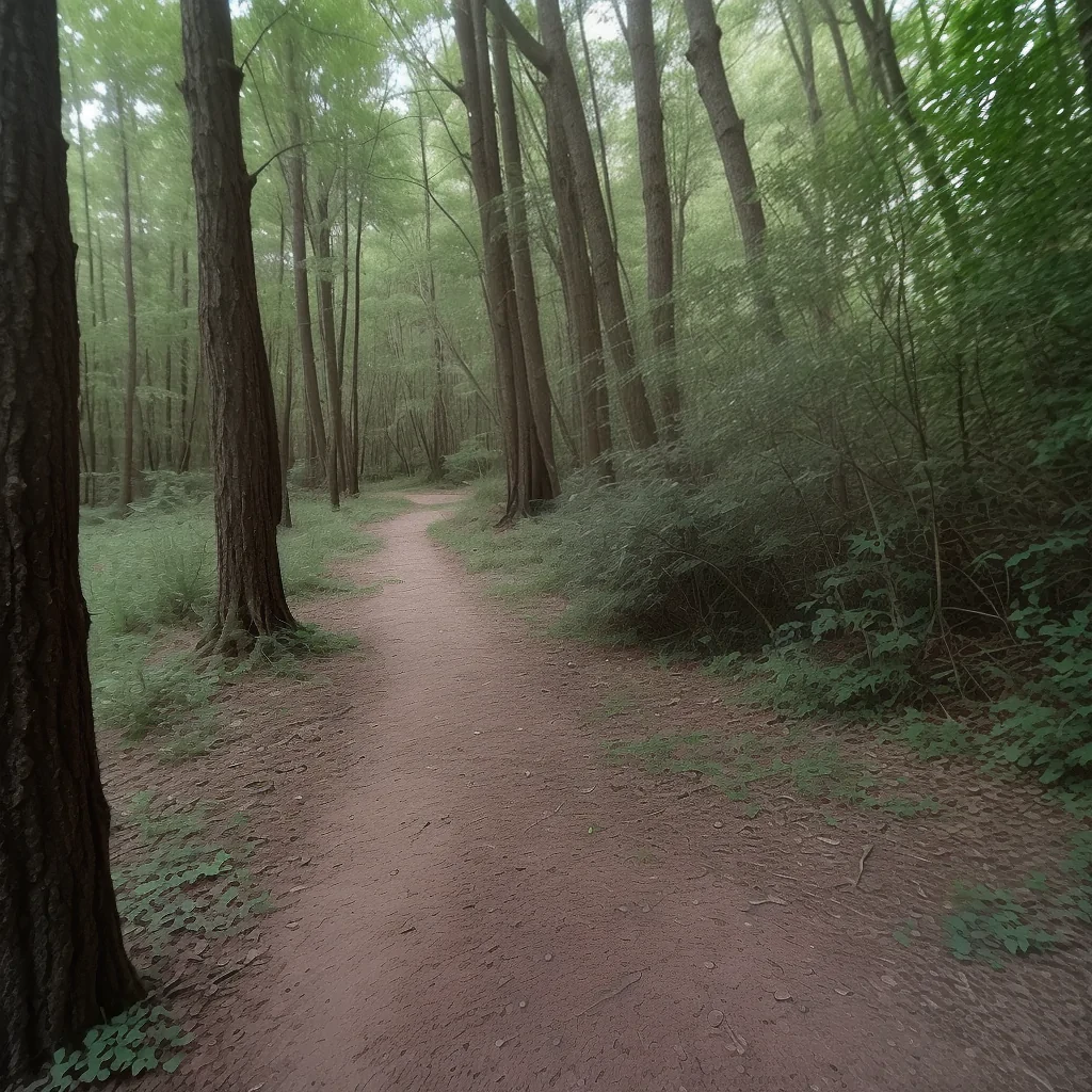 A Serene Path Through Lush Green Trees in a Tranquil Forest Setting