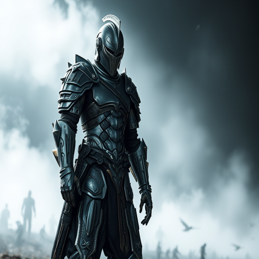 A futuristic warrior clad in intricate metallic armor standing confidently in a misty battlefield, dramatic lighting highlighting the details of the armor, 50mm lens, f/2.8 aperture, ISO 100, shot from a low angle to emphasize stature, taken with a full-frame DSLR camera.