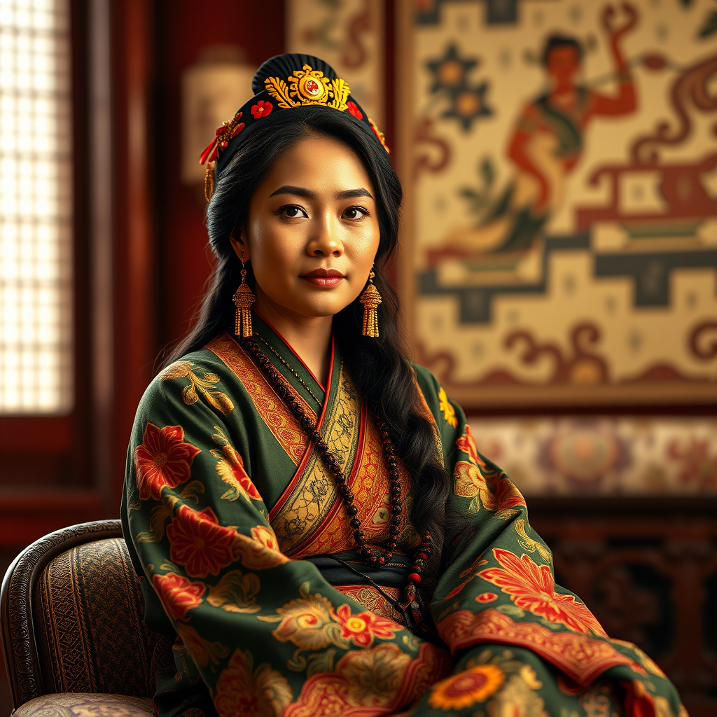 A beautiful Aboriginal Australian woman in traditional East Asian attire, intricately detailed with embroidered patterns, sitting gracefully in a richly decorated room, soft ambient lighting, serene and elegant, ultra-realistic, 8K resolution