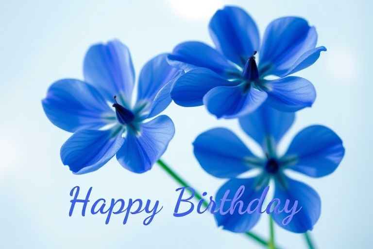 create a birthday card design featuring two blue flowers with a light background, include the text "Happy Birthday" in a modern font, shot with a DSLR camera at f/2.8 aperture, 50mm lens, and a soft focus effect for a vibrant and artistic quality
