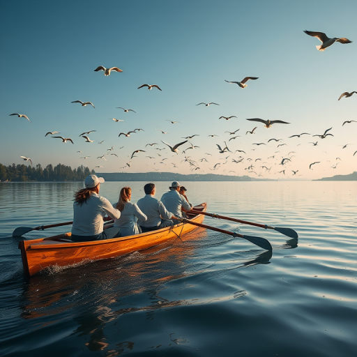 capture a dynamic scene of a rowing team in a wooden boat on a calm lake with a flock of birds flying overhead, use a Canon EOS R5 with a 24-70mm lens at f/8, ISO 200, shutter speed 1/500s, from a mid-range perspective to highlight the activity and environment