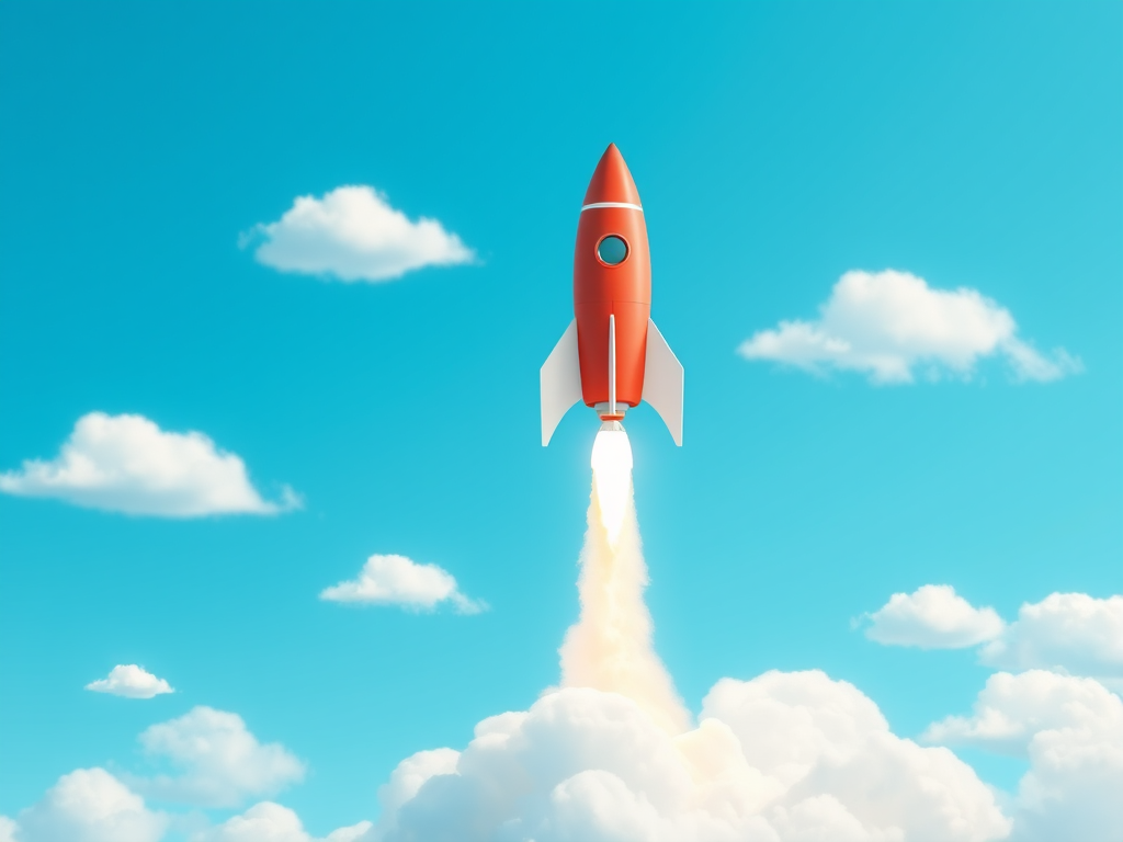 Create an illustration of a rocket launching into a bright blue sky, surrounded by fluffy white clouds, using a 50mm lens at f/8, ISO 100, with a soft focus background in a digital style akin to flat design.
