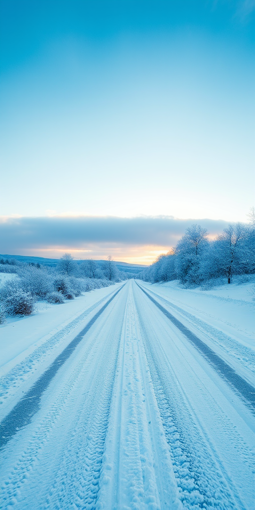 winter landscape with a snow-covered road in a bright blue sky, wide angle view, f/8 aperture, ISO 100, 1/200 sec shutter speed, DSLR camera, high dynamic range imaging