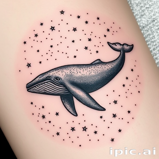 Dotwork tattoo called "Cosmic Whale" portraying a majestic whale swimming through a star-filled galaxy, using thousands of tiny dots to create shading, texture, and celestial elements