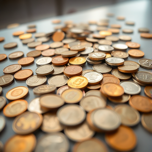 high-resolution image of scattered coins on a flat surface, macro lens, f/2.8 aperture, 50mm focal length, shot from a bird's eye view, natural lighting, digital camera