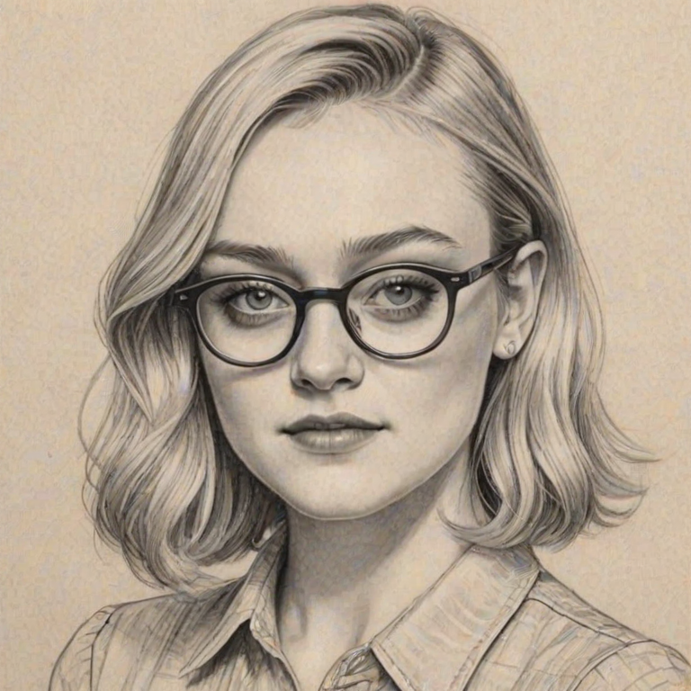 Charming Dakota Fanning, pencil sketch, portrait of Sublime woman 1928s in glasses, hair style beatnik, outline, clear lines, fine lines, 8k