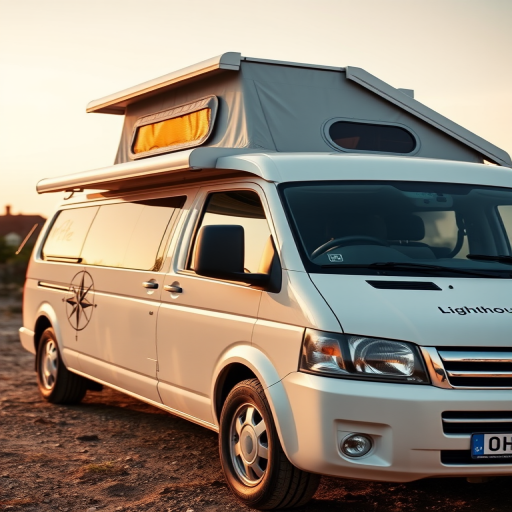 photorealistic image of a white camper van with a pop-up roof, featuring a compass design and "Lighthouse Expedition" text on the side, captured using a DSLR camera at f/8 aperture, 1/200 sec shutter speed, ISO 200, with a wide-angle lens at a 24mm focal length, natural lighting, front three-quarters view