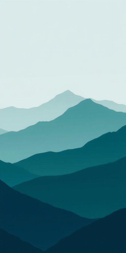 Generate a minimalist landscape illustration featuring layered mountains in shades of teal and gray with white outlines, using a Nikon D850, ISO 100, f/8, 50mm lens, captured from a wide-angle view to enhance depth and clarity.