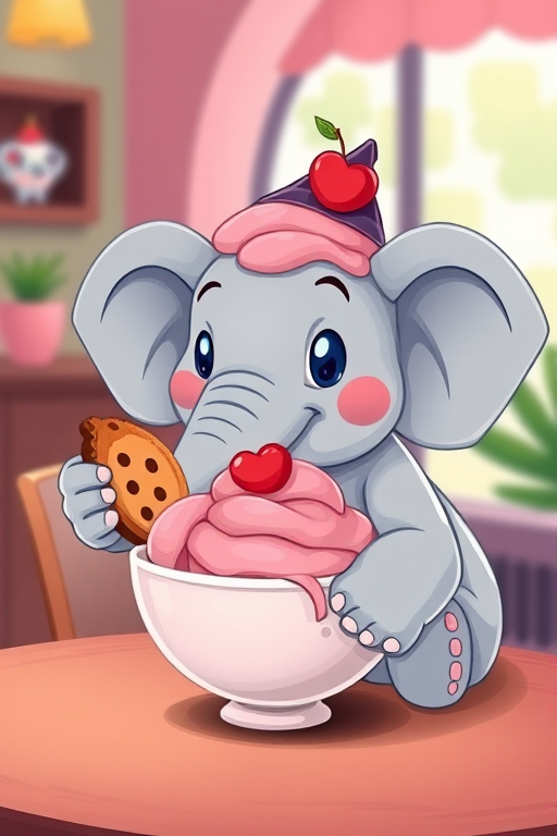 Create an illustration of a cute cartoon elephant sitting at a table enjoying a large bowl of pink ice cream topped with a cherry, wearing a small hat with a heart, and holding a cookie in its trunk, captured with a Nikon D850, 50mm lens, f/1.8 aperture, soft diffused lighting, and a vibrant color palette for a joyful atmosphere.