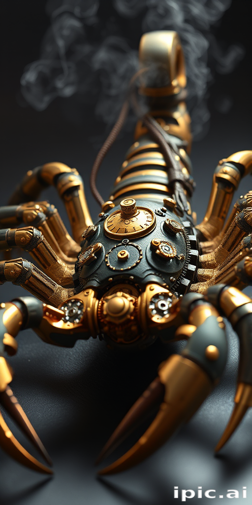 Create a high-intensity, high-resolution image of a steampunk scorpion, featuring intricate clockwork mechanisms and brass gears. The scorpion should have metallic limbs with elaborate jointed segments, showcasing a blend of Victorian-era aesthetics and futuristic technology. The body should be adorned with cogwheels, pistons, and small steam vents emitting a subtle mist, the front pinchers should up up and open. Capture the scene with dramatic lighting to emphasize the mechanical details, giving it a sense of motion and life